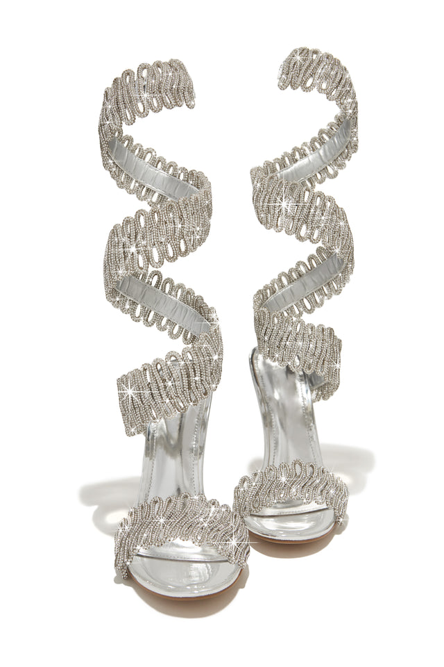 Load image into Gallery viewer, Exotic Touch Embellished Coil Strap High Heels - Silver
