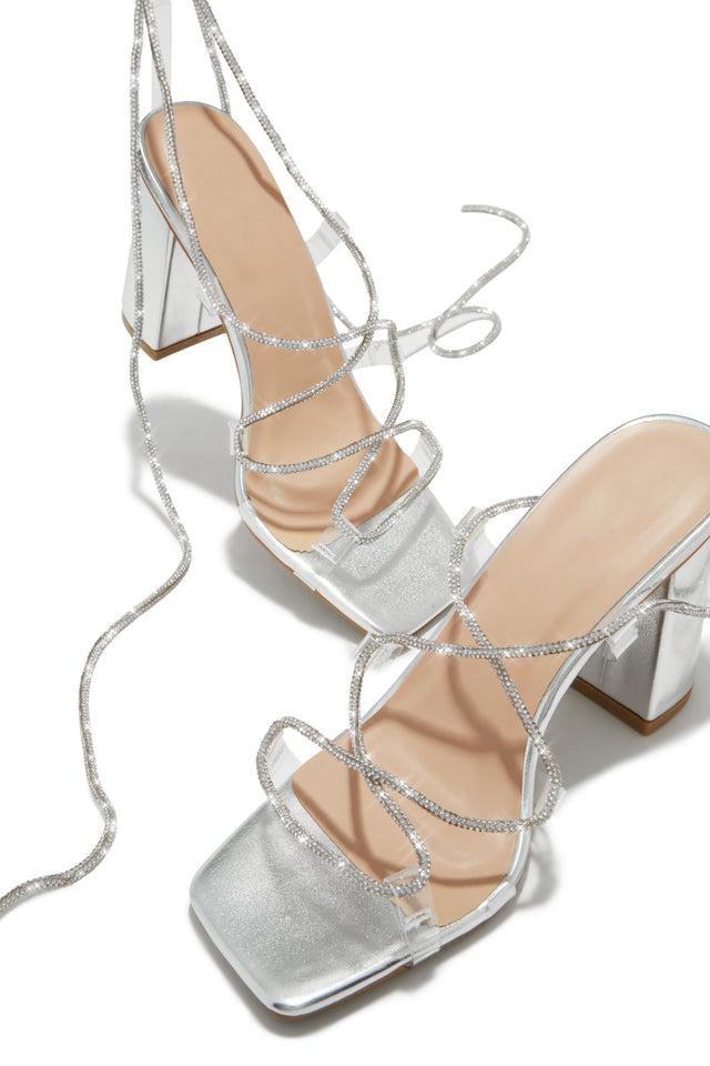 Load image into Gallery viewer, Rosalyn Embellished Lace Up Block Heels - Silver
