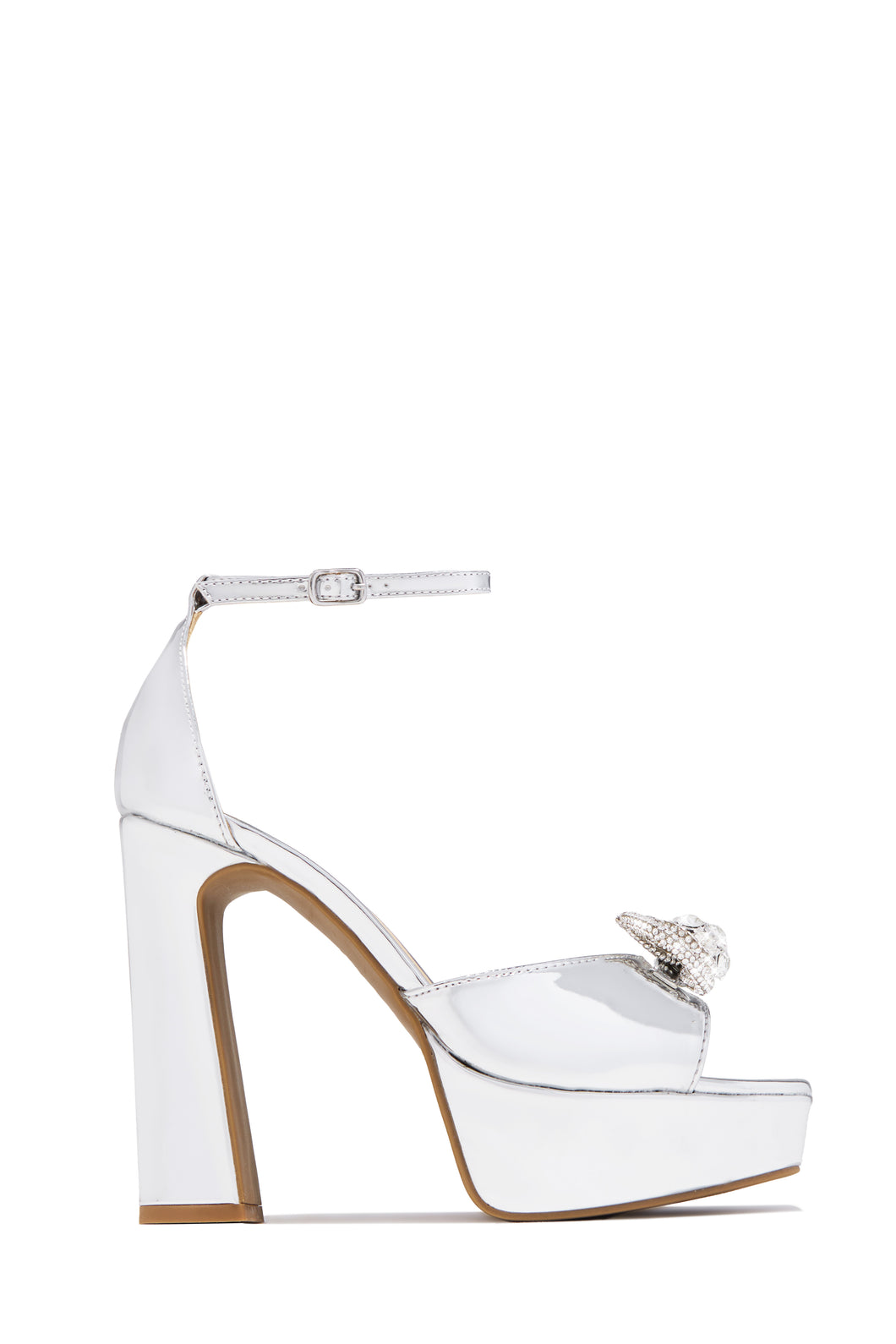 Caitelyn Embellished Bow Platform Block Heels - Silver