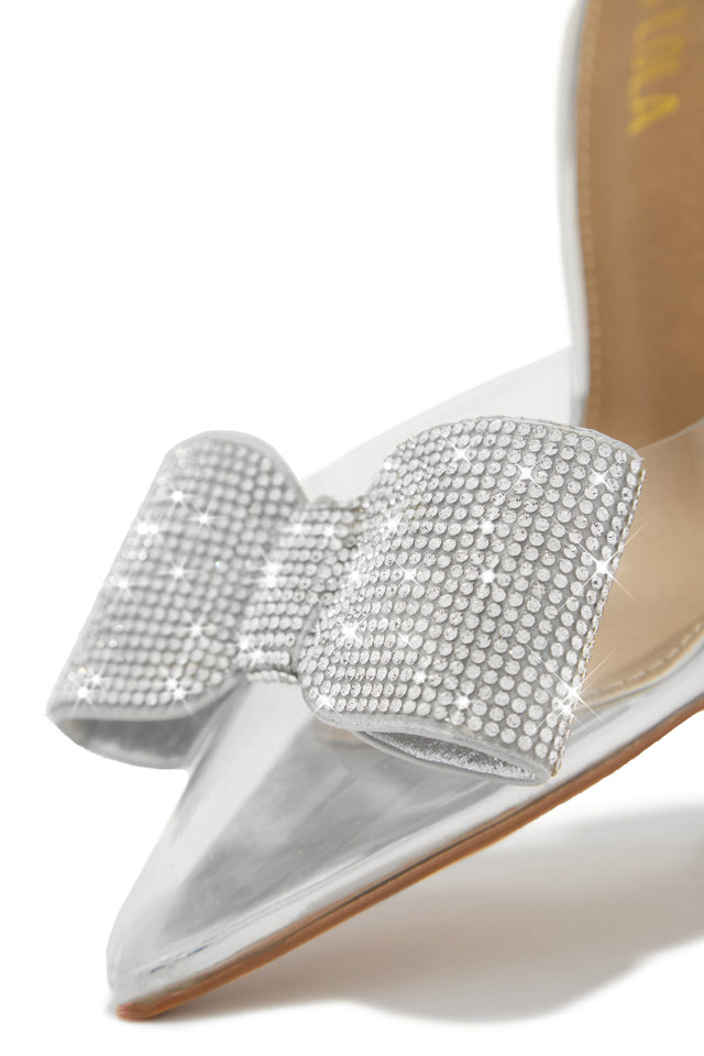 Load image into Gallery viewer, Silver-Tone Embellished Bow Clear Slingback Pumps
