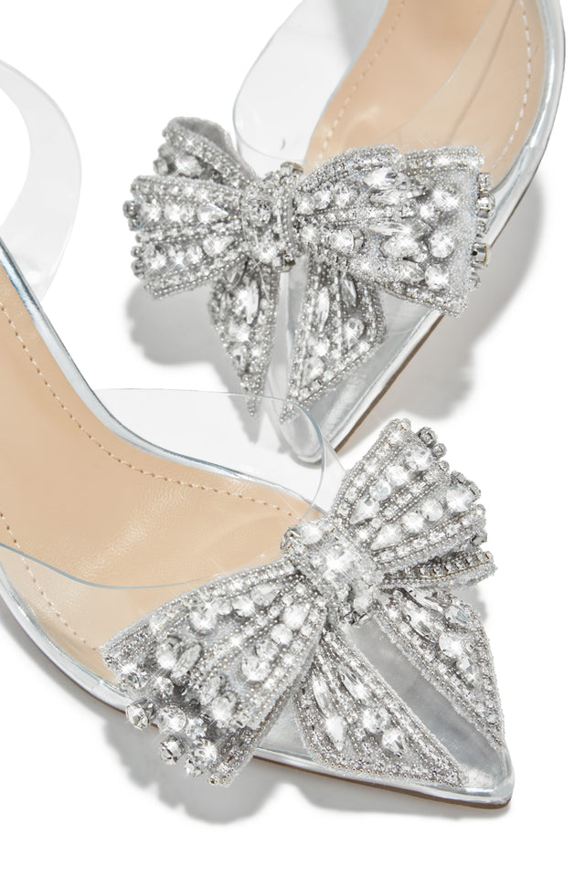 Miss Lola | Aurea Silver Embellished Clear Mid Heel Pumps – MISS LOLA