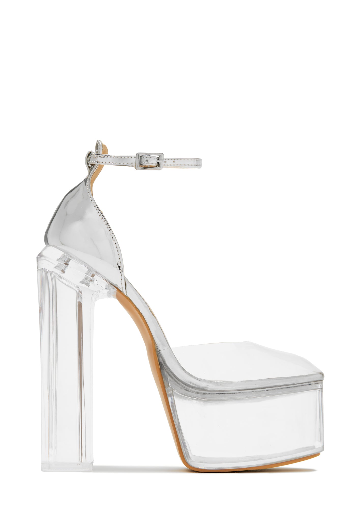 Miss Lola  Adore Me Silver Ankle Strap Platform Block High Heels