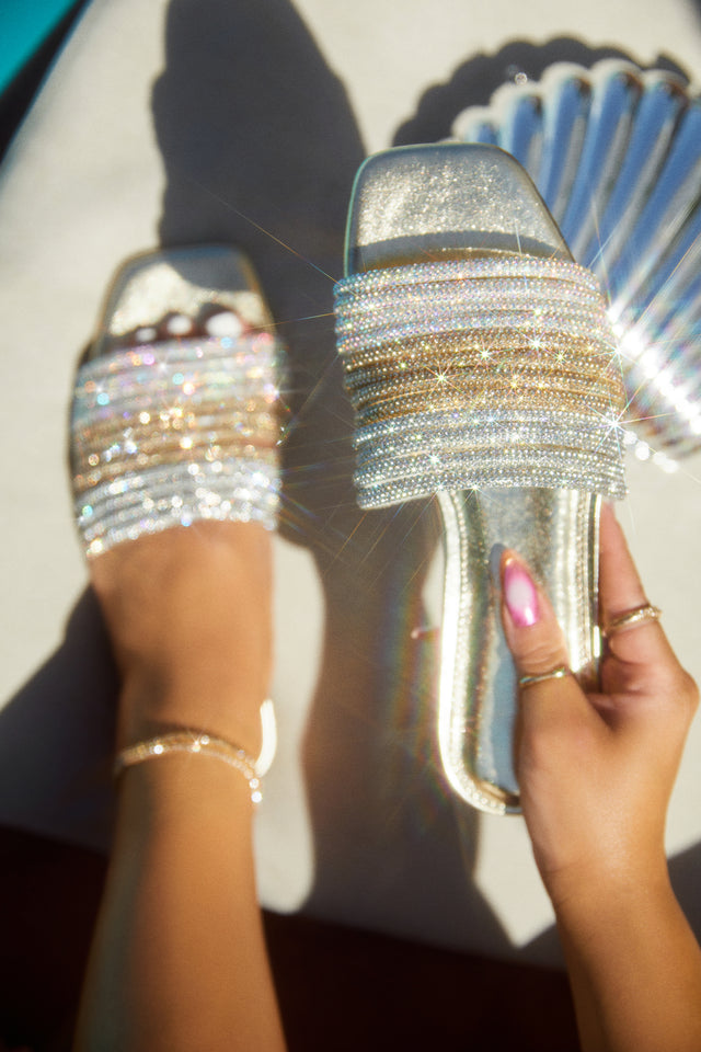 Load image into Gallery viewer, Women Holding Gold-Tone Rhinestone Sandals
