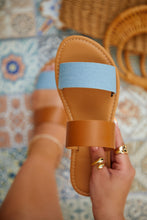 Load image into Gallery viewer, Women Holding Denim Blue and Tan Slip On Sandals
