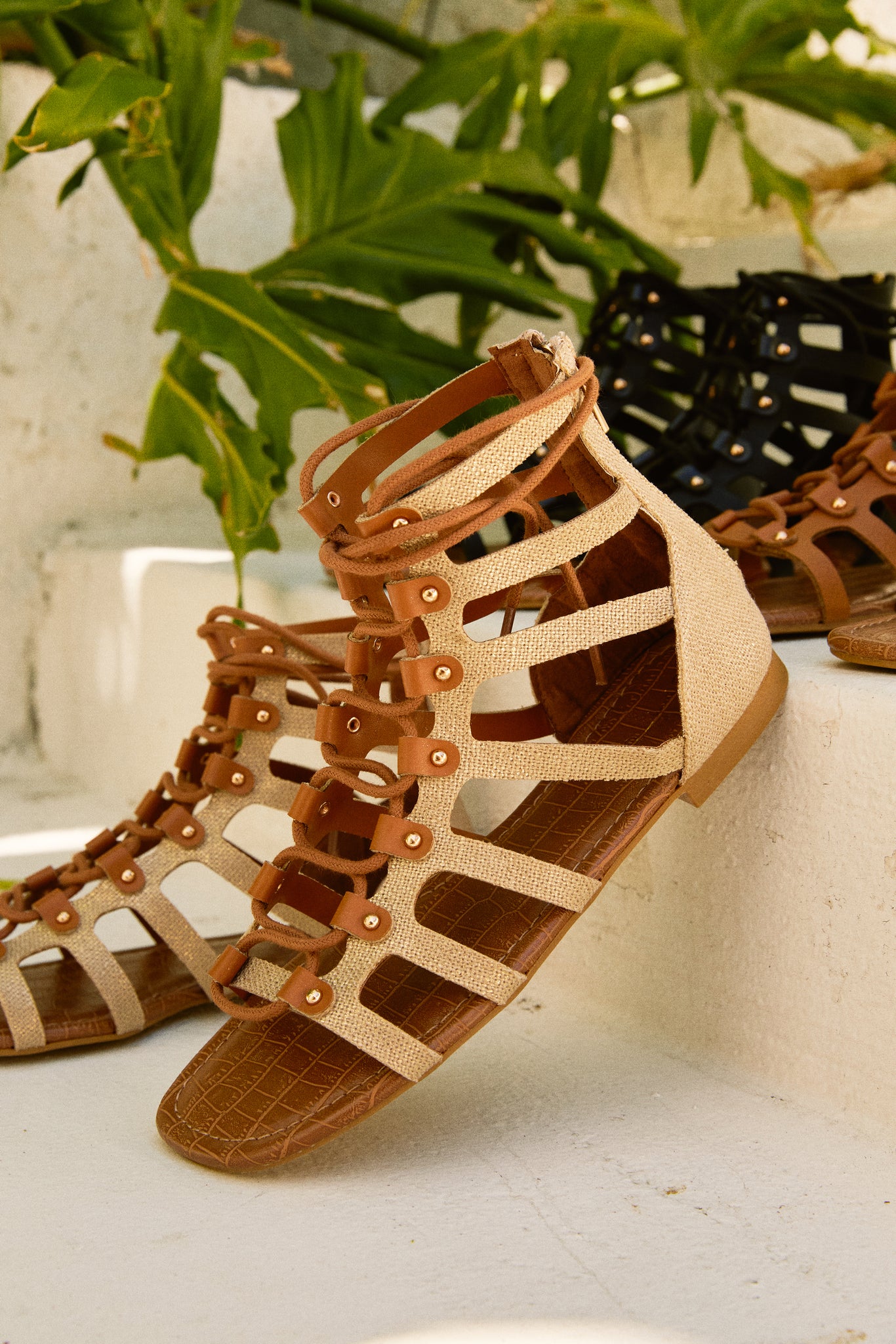 Miss Lola Summer Getaway Natural Lace Up Gladiator Sandals