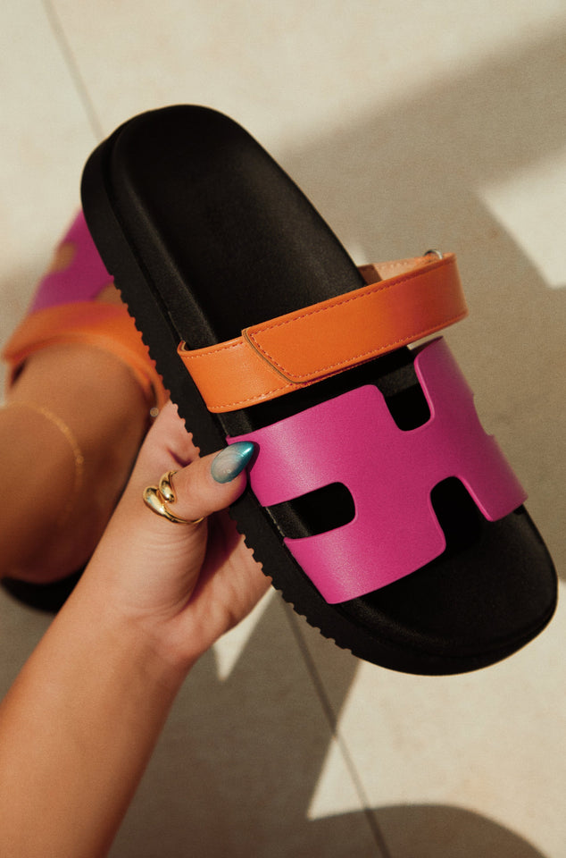 Load image into Gallery viewer, Women Holding Pink and Orange Chunky Slip On Sandals
