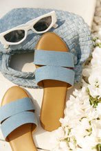 Load image into Gallery viewer, Denim Sandals Laying On Denim Bag 
