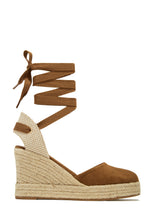 Load image into Gallery viewer, Tan Espadrille Lace Up Platform Closed Toe Wedges
