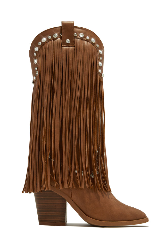 Load image into Gallery viewer, Tan Embellished Fringe Cowgirl Boots
