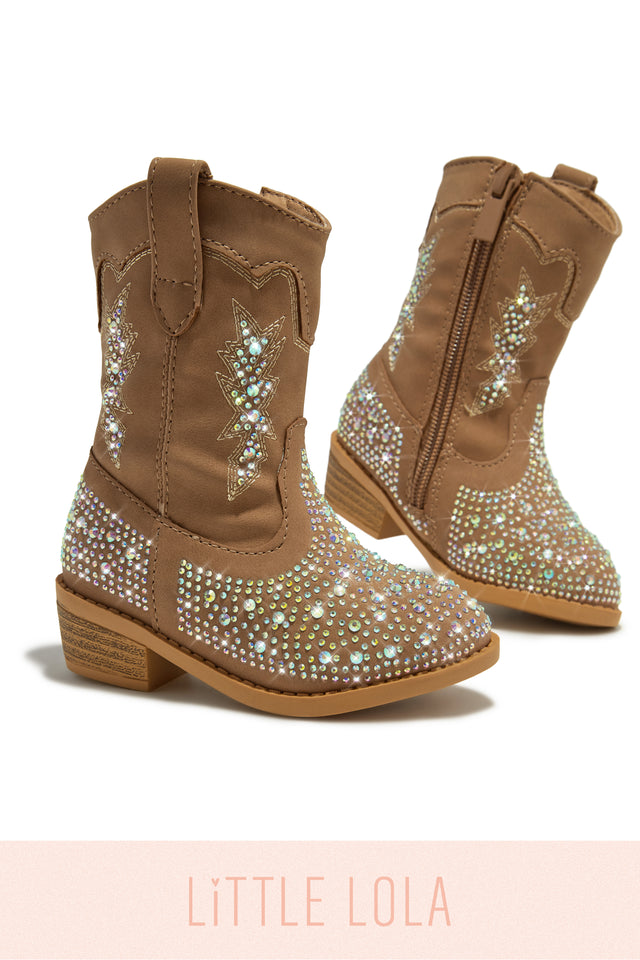 Load image into Gallery viewer, Mini Frankie Embellished Cowgirl Boots - Tan
