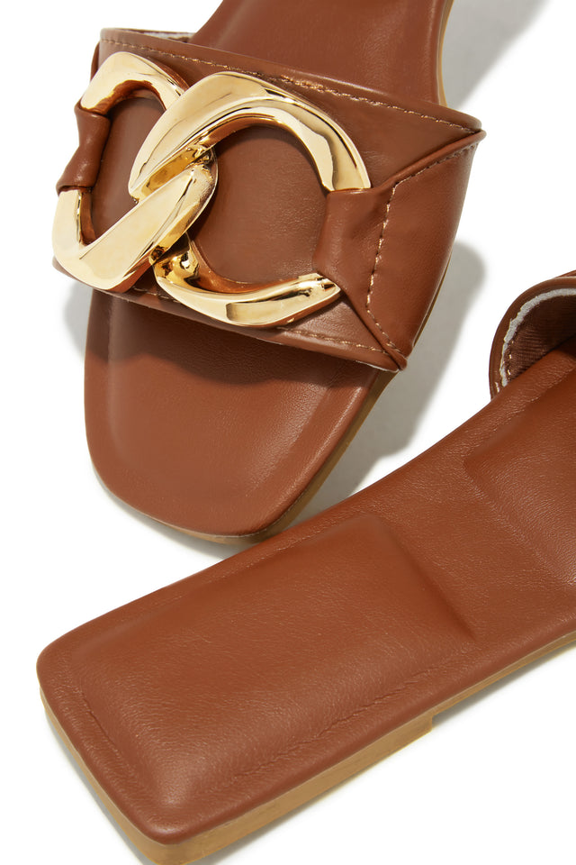 Load image into Gallery viewer, Brown Slide On Sandals with Gold-Tone Hardware
