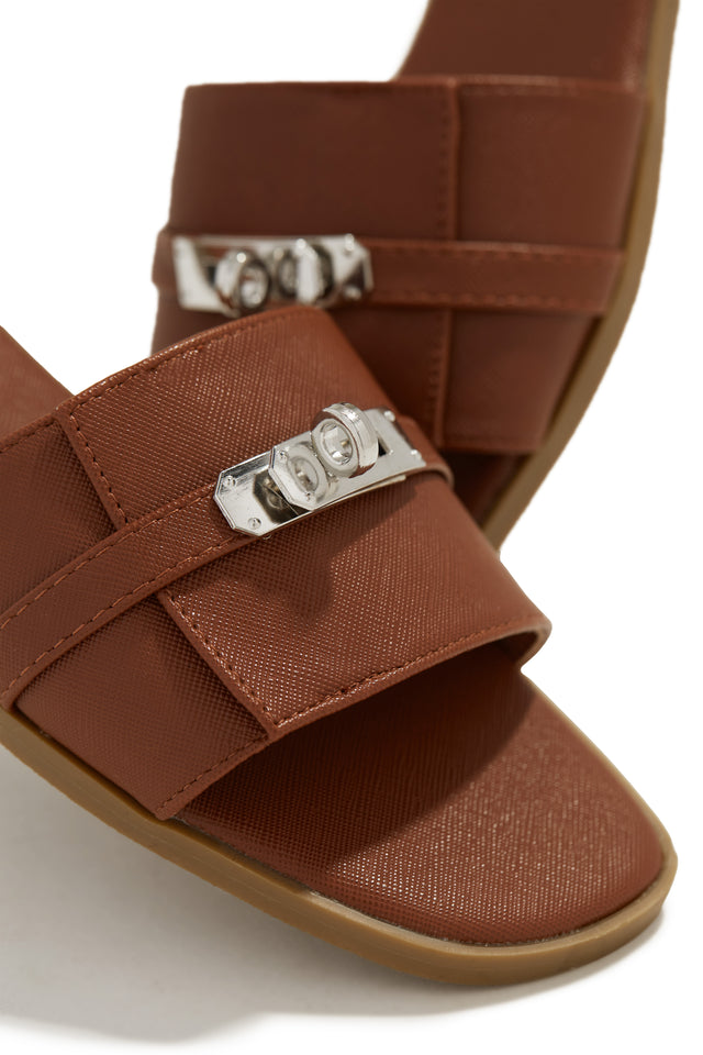 Load image into Gallery viewer, Tan Slides with Silver-Tone Hardware
