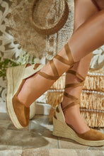 Load image into Gallery viewer, Tropical Vacay Lace Up Platform Espadrille Wedges - Tan
