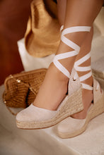 Load image into Gallery viewer, Tropical Vacay Lace Up Platform Espadrille Wedges - Cream
