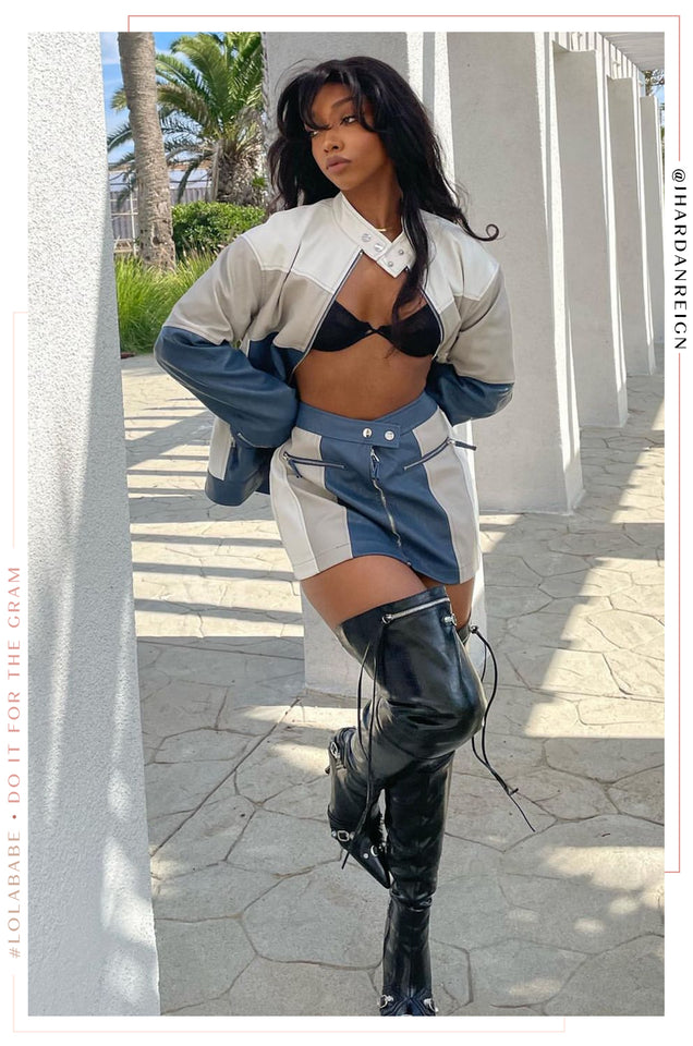 Load image into Gallery viewer, Tyra Color Blocked Moto Mini Skirt - Blue Multi
