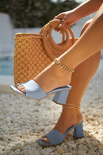 Load image into Gallery viewer, Women Wearing Blue Block Mid Heel Mules
