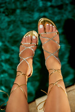 Load image into Gallery viewer, Vegas Weekend Embellished Lace Up Sandals - Gold
