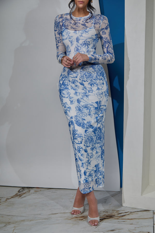 Load image into Gallery viewer, Kasia Long Sleeve Maxi Dress - White Blue Multi
