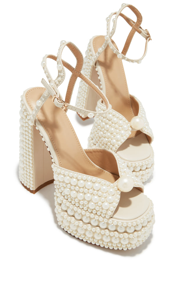 Wifey Status Platform Block Pearl Heels - White