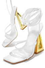 Load image into Gallery viewer, White Single Sole Lace Up Chunky Gold-Tone Heels
