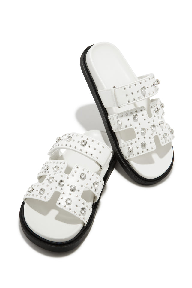Load image into Gallery viewer, White Chunky Slip On Sandals with Embellished Detailing
