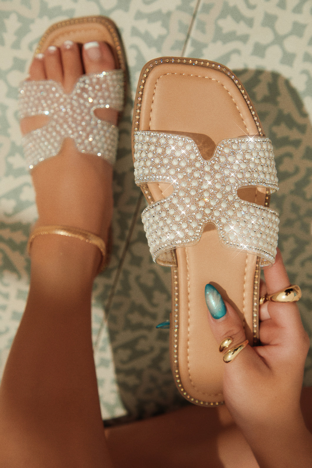 Manara Embellished Slip On Sandals - White