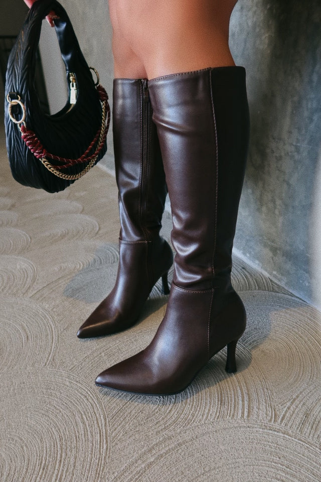 Zama Knee High Heel Boots - Brown