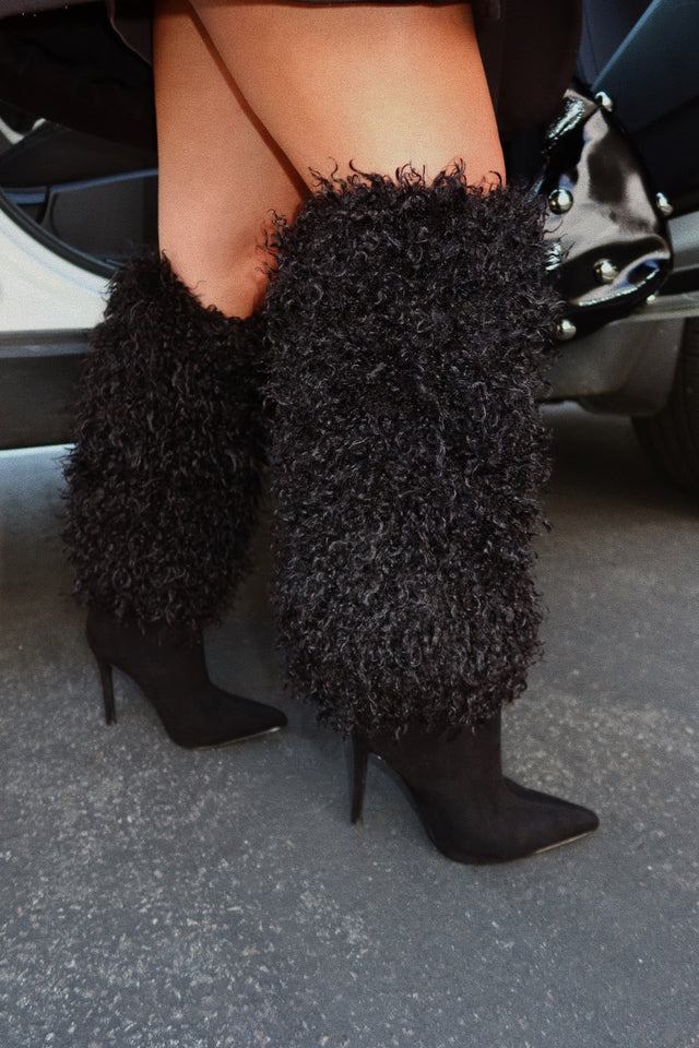 Zyla Faux Fur Heel Boots - Black