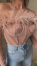 Load and play video in Gallery viewer, Love Attitude Off The Shoulder Faux Feather Long Sleeve Bodysuit - Nude
