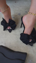 Load and play video in Gallery viewer, Video of Black High Heel Mules with Bow Tie Detailing
