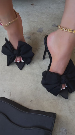 Video of Black High Heel Mules with Bow Tie Detailing