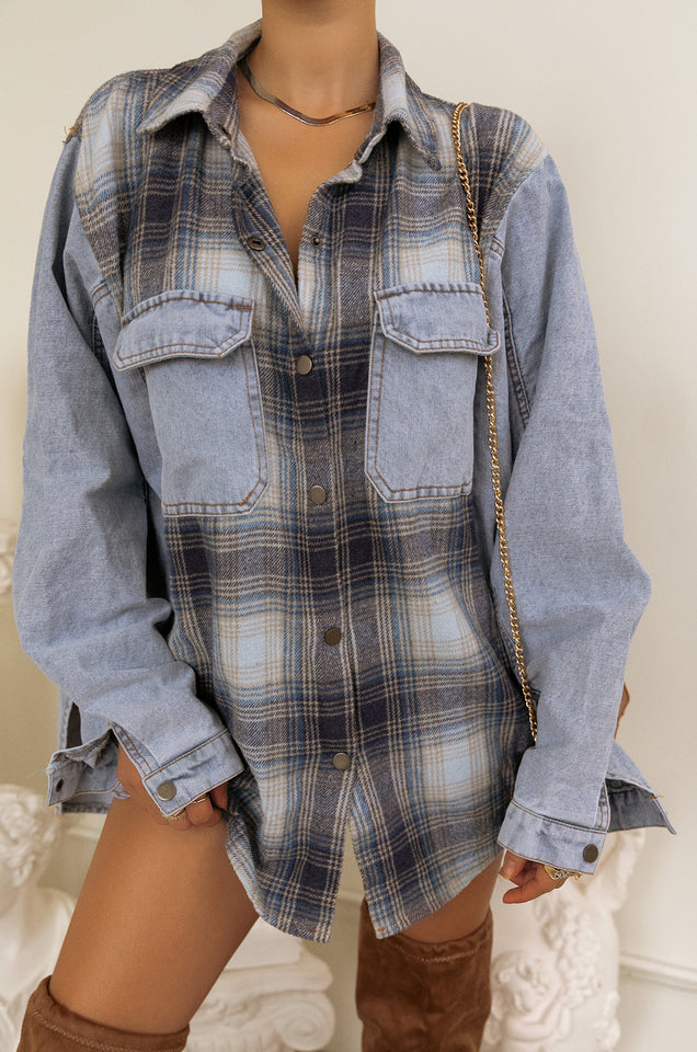 Load image into Gallery viewer, Blue Denim Plaid Jacket
