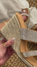Load and play video in Gallery viewer, Espadrille detailing heel with rhinestone embellished straps video
