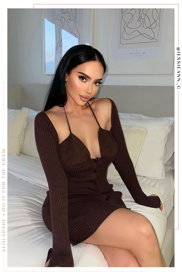 Load image into Gallery viewer, Crazy For You Long Sleeve Mini Dress - Brown
