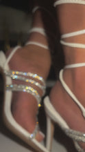 Load and play video in Gallery viewer, White embellished lace up heels on model
