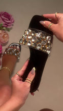 Load and play video in Gallery viewer, black sandal with clear stone charms embellished on strap
