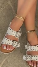 Load and play video in Gallery viewer, White Sandals with silver embellishments and adjustable straps detail video
