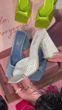 Load and play video in Gallery viewer, White satin chunky heel mule with rhinestone embellishments
