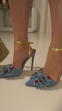 Load and play video in Gallery viewer, Emellished denim ankle strap pumps on model video
