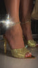 Gold Embellished High Heel Mules on Model