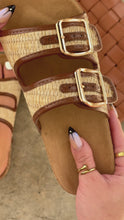 Load and play video in Gallery viewer, Tan slip on flat sandal detail video

