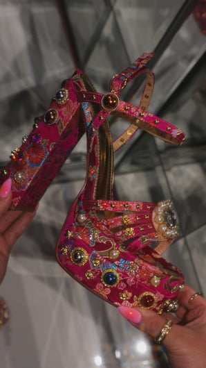 Pink embellished chunky platform heels detail video