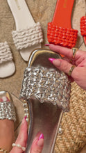 Load and play video in Gallery viewer, Silver Slip On Sandals With Braided Woven Strap
