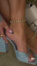 Load and play video in Gallery viewer, Model wearing denim embellished block heel mules 
