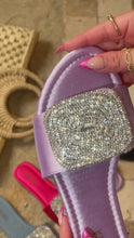Load and play video in Gallery viewer, Lavender Faux Satin Embellished Slip On Sandals
