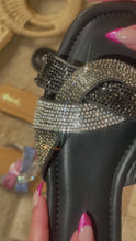 Load and play video in Gallery viewer, Black Embellished Slip-On Sandals Close Up

