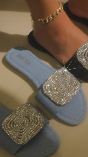 Denim embellished slip sandal on model video