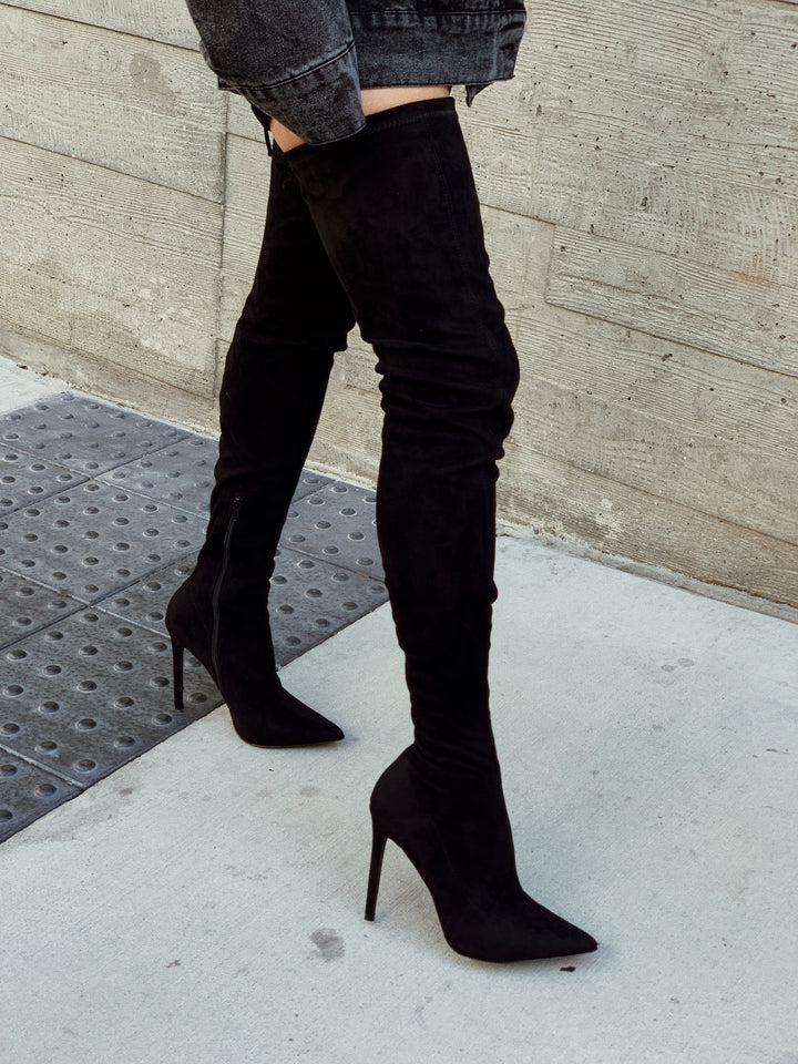 Load image into Gallery viewer, Black over the knee high heel boot 
