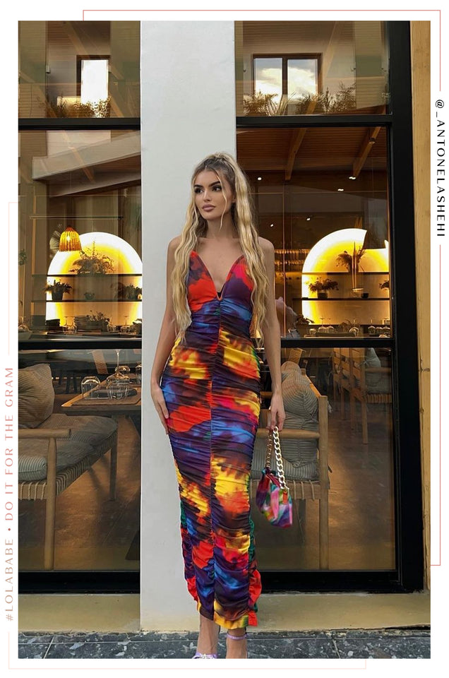 Load image into Gallery viewer, Girl Standing In Front of Restaurant Wearing Colorful Maxi Dress
