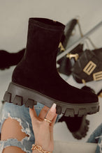 Load image into Gallery viewer, black faux suede chunky heel boot 

